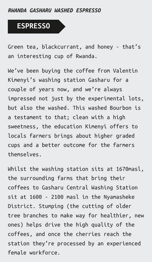 
                  
                    Friedhats • Rwanda, Gasharu, washed espresso
                  
                